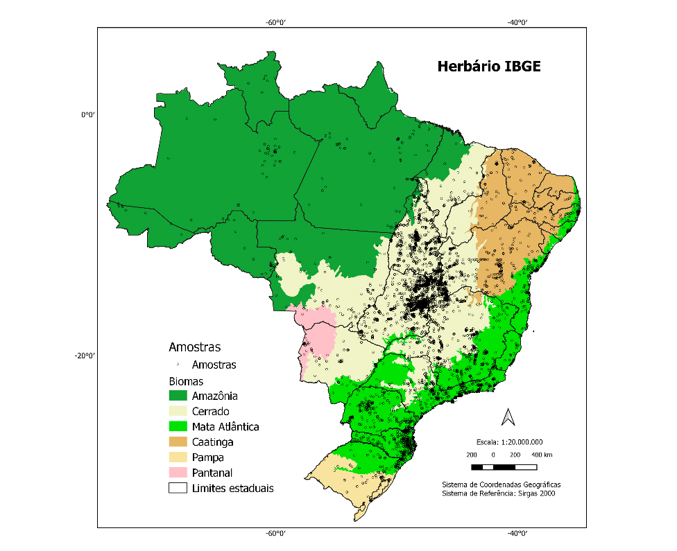 Mapa 1 - Distribuição das amostras georreferenciadas do Herbário IBGE no Brasil