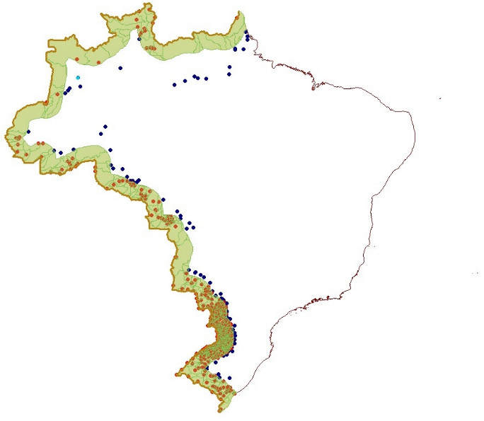Mapa do Brasil com destaque dos municípios da faixa de fronteira